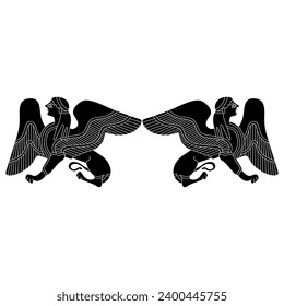 Symmetrical design or frame with two fantastic winged female sphinxes. Ancient Greek mythological creature. Half woman half lion. Black and white silhouette.