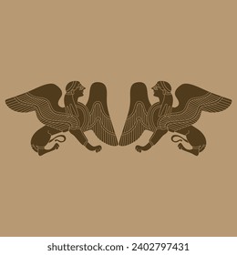 Symmetrical design or frame with two fantastic winged female sphinxes. Ancient Greek mythological creature. Half woman half lion. Monochrome brown silhouette. Vase painting ethnic style.