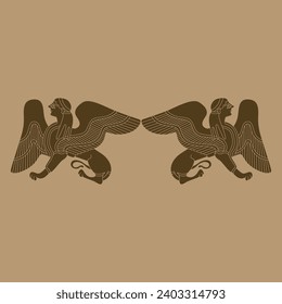 Symmetrical design or frame with two fantastic winged female sphinxes. Ancient Greek mythological creature. Half woman half lion. Monochrome brown silhouette. Vase painting ethnic style.