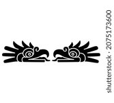 Symmetrical design or frame with two heads of fantastic bird of prey from Mexican codex. Native American animal design of Aztec Indians. Black and white negative silhouette.