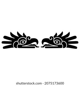 Symmetrical design or frame with two heads of fantastic bird of prey from Mexican codex. Native American animal design of Aztec Indians. Black and white negative silhouette.