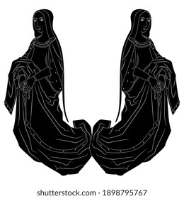 Diseño simétrico o marco con dos mujeres medievales arrodilladas con vestidos largos. Silueta blanca y negra.