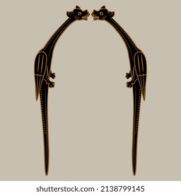 Symmetrical design or frame with two medieval winged dragons. Gothic illuminated manuscript style. Fantastic animal.