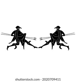 Symmetrical design or frame with two running ancient Greek men carrying spears. Black and white negative silhouette. Vase painting style.