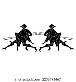 Symmetrical design or frame with two running ancient Greek men carrying spears. Black and white negative silhouette. Vase painting style.