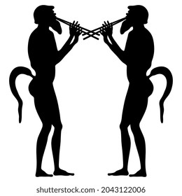 Symmetrical design or frame with two standing ancient Greek satyrs playing double flute aulos. Black silhouette on white background. Vase painting style. 