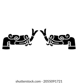 Symmetrical design or frame with two stylized heads of snake or dragon with forked tongue. Native American animal design of Aztec Indians from Mexican codex. Black and white negative silhouette.