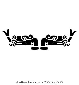 Symmetrical design or frame with two stylized heads of snake or dragon with forked tongue. Native American animal design of Aztec Indians from Mexican codex. Black and white negative silhouette.