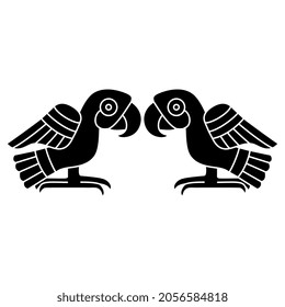 Symmetrical design or frame with two stylized funny parrot birds. Folk style. Native American animal design of Aztec Indians from Mexican codex. Black and white negative silhouette.