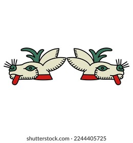 Symmetrical design or frame with two stylized heads of deer or hare. Ethnic native American animal symbol of Aztec Indians from Mexican codex.