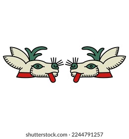 Symmetrical design or frame with two stylized heads of deer or hare. Ethnic native American animal symbol of Aztec Indians from Mexican codex.