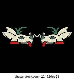 Symmetrical design or frame with two stylized heads of deer or hare. Ethnic native American animal symbol of Aztec Indians from Mexican codex. On black background.