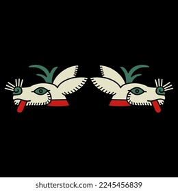 Symmetrical design or frame with two stylized heads of deer or hare. Ethnic native American animal symbol of Aztec Indians from Mexican codex. On black background.