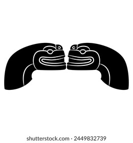 Symmetrical design or frame with two stylized heads of snakes or serpents. Native American motif of Maya Indians. Black and white silhouette.