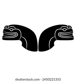 Symmetrical design or frame with two stylized heads of snakes or serpents. Native American motif of Maya Indians. Black and white silhouette.