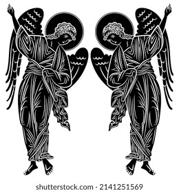 Symmetrical design or frame with two winged medieval angels pointing up. Russian Orthodox Christian design. Black and white negative silhouette.