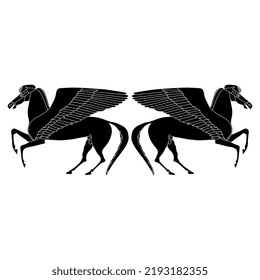 Symmetrical design or frame with two winged horses. Ancient Greek Pegasus. Black and white silhouette.