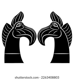 Symmetrical design with heads of two fantastic griffins. Nomadic Scythian Iron Age Pazyryk culture. Black and white silhouette.