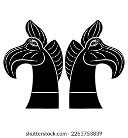 Symmetrical design with heads of two fantastic griffins. Nomadic Scythian Iron Age Pazyryk culture. Black and white silhouette.