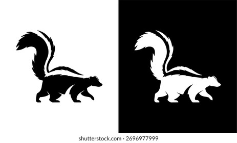 Um design simétrico apresenta uma silhueta de gambá em dois fundos contrastados, branco e preto