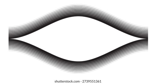 A symmetrical design of thin black wavy lines creating an abstract eye or lens shape on a white background.