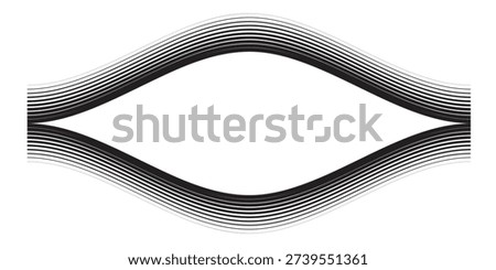 A symmetrical design of thin black wavy lines creating an abstract eye or lens shape on a white background.