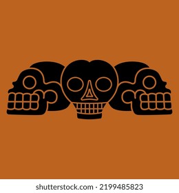 Symmetrical design with three human skulls. Halloween death symbol. Black and orange silhouette.