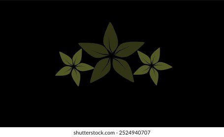 Symmetrical design with three leaf-like shapes on a black background. Each shape has five pointed lobes, creating a balanced and aesthetically pleasing pattern. Ideal for eco-friendly or nature-themed