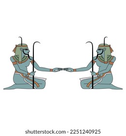 Symmetrical design with tw seated ancient Egyptian men. Nile god Hapi. Isolated vector illustration.