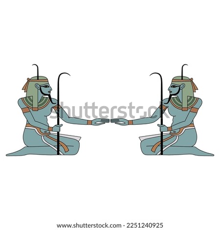 Symmetrical design with tw seated ancient Egyptian men. Nile god Hapi. Isolated vector illustration.