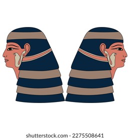 Symmetrical design with two ancient Egyptian female heads in profile. Pharaoh women wearing wigs. Isolated vector illustration.