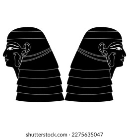 Symmetrical design with two ancient Egyptian female heads in profile. Pharaoh women wearing wigs. Black and white negative silhouette.