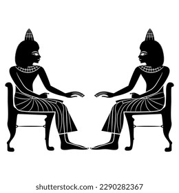 Symmetrical design with two ancient Egyptian men sitting in chairs. Black and white silhouette. Isolated vector illustration.