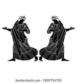 Symmetrical Design With Two Ancient Greek Women Running In Opposite Directions. Black And White Silhouette.