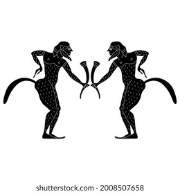 Symmetrical design with two ancient Greek satyrs or Silenuses holding rhytons of wine. Vase painting style. Fantastic mythological creature. Black and white negative silhouette.