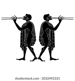 Symmetrical design with two ancient Greek men flaying flutes. Vase painting style. Black and white negative silhouette.