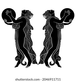 
Symmetrical design with two ancient Greek or Roman dancers with tambourines. Black and white negative silhouette.