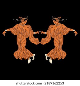 Symmetrical design with two ancient Greek women or goddesses dancing or flying. Vase painting style. On black background.