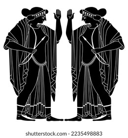 Symmetrical design with two ancient Greek women holding bows and arrows. Goddess Artemis holding bow and arrow. Black and white negative silhouette.