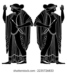 Symmetrical design with two ancient Greek women holding bows and arrows. Goddess Artemis holding bow and arrow. Black and white negative silhouette.