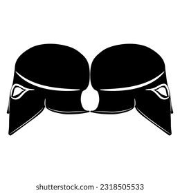 Symmetrical design with two ancient Greek helmets. Black and white silhouette.