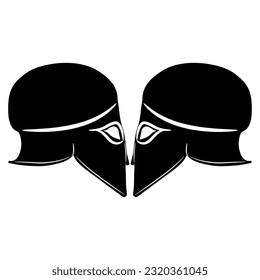 Symmetrical design with two ancient Greek helmets. Black and white silhouette.