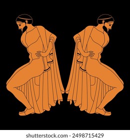 Symmetrical design with two ancient Greek men in a squatting position. Ethnic vase painting style.