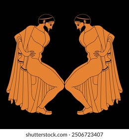 Symmetrical design with two ancient Greek men in a squatting position. Ethnic vase painting style. Black and orange silhouette.