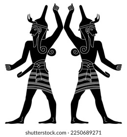 Symmetrical design with two ancient Hittite men. God Baal. Black and white silhouette. Ugarit Canaan culture.