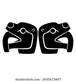 Symmetrical design with two animal heads. Jaguar or snake with fangs or tongue. Native American art of Guatemala Maya Indians. Black and white silhouette.