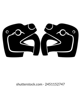 Symmetrical design with two animal heads. Jaguar or snake with fangs or tongue. Native American art of Guatemala Maya Indians. Black and white silhouette.