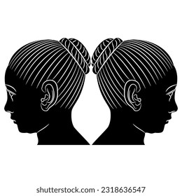 Symmetrical design with two antique female heads. Profile portrait of an ancient Roman girl with beautiful hairdo. Black and white negative silhouette.