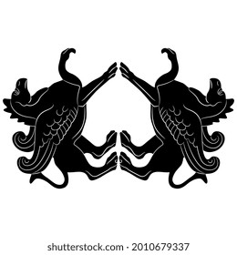 Symmetrical design with two antique griffins. Fantastic mythological animal. Black and white negative silhouette. Winged lion or horse with eagle's beak.