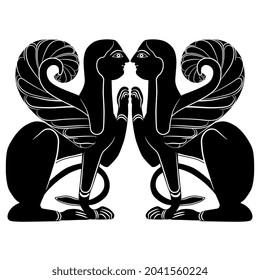 Symmetrical design with two antique winged female sphinxes. Black and white negative silhouette. Ancient Greek or Etruscan mythological animal motif.